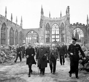 Winston Churchill visits Coventry Cathedral in ruins after the bombing of 14/15 November 1940