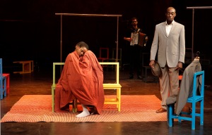 l to r: Nonhlanhla Kheswa, Rikki Henry, Raphaël Chambouvet, and Ivanno Jeremiah, in Peter Brook’s The Suit. Photo: Pascal Victor, ArtcomArt.